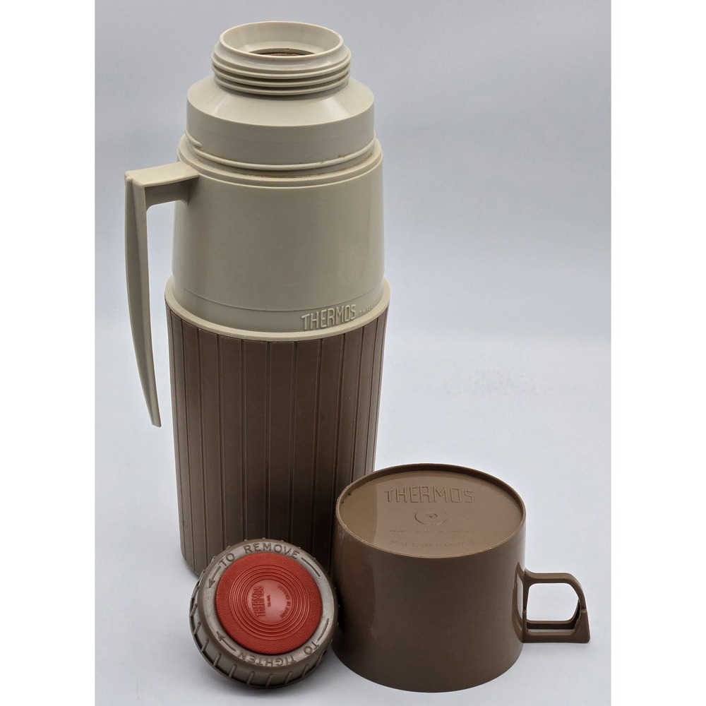 Vintage‎ Thermos Stacking Travel Mug Brown Tan Plastic Ribbed Style 1970s
